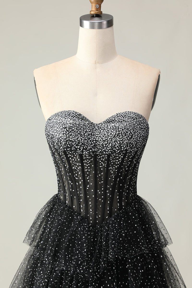 Load image into Gallery viewer, Sparkly Black and White Ruffled Polka Dots Long Sweetheart Corset Prom Dress