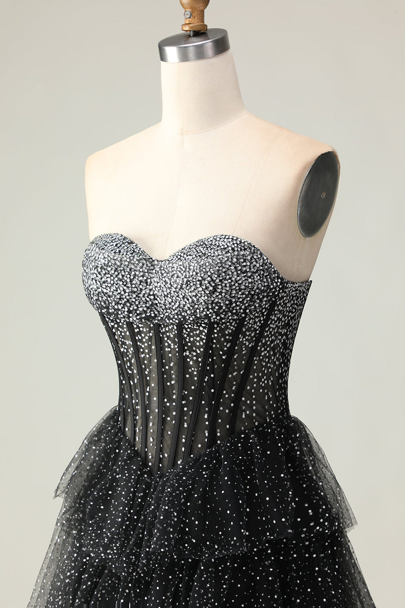 Load image into Gallery viewer, Sparkly Black and White Ruffled Polka Dots Long Sweetheart Corset Prom Dress