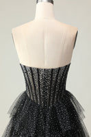 Load image into Gallery viewer, Sparkly Black and White Ruffled Polka Dots Long Sweetheart Corset Prom Dress