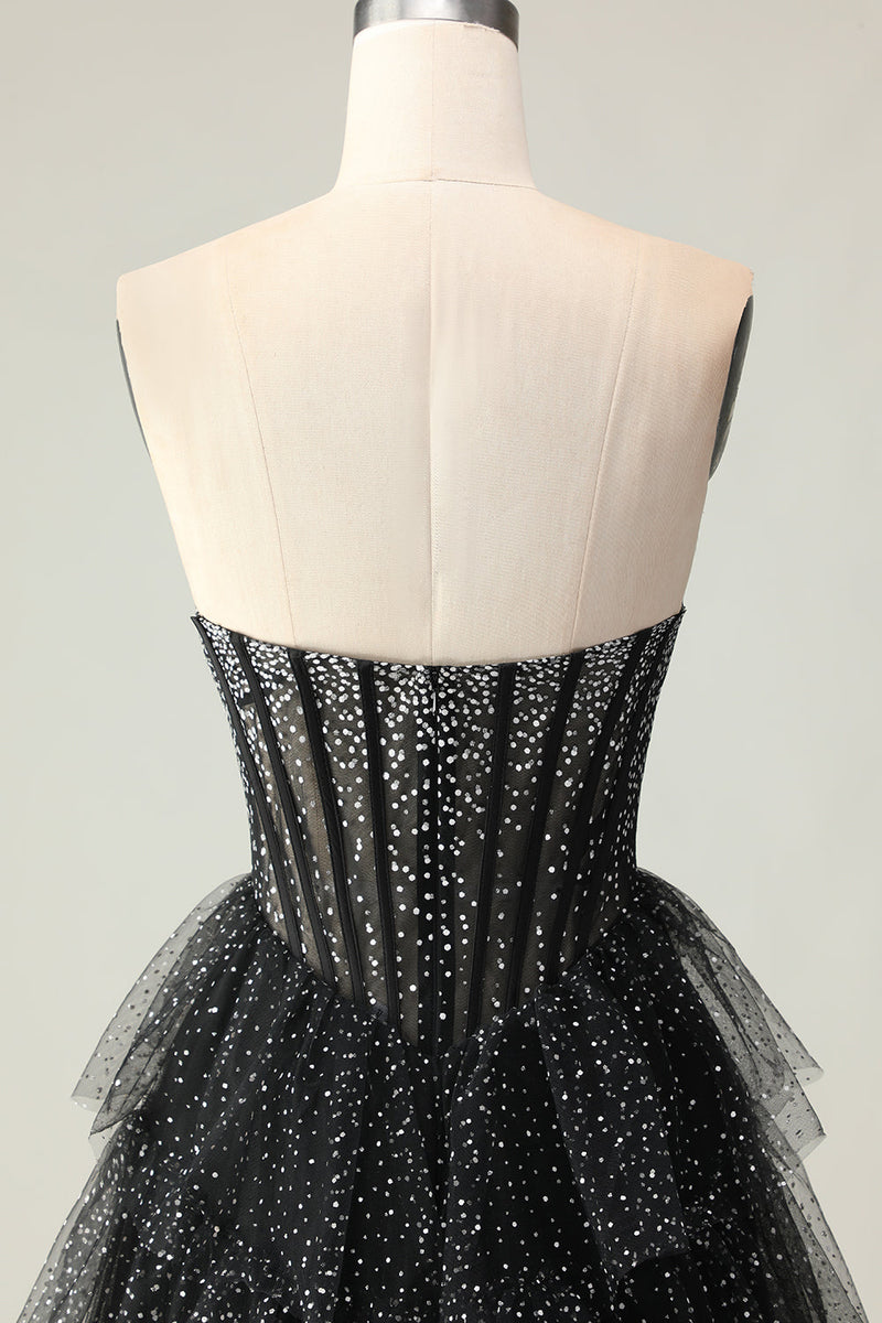 Load image into Gallery viewer, Sparkly Black and White Ruffled Polka Dots Long Sweetheart Corset Prom Dress