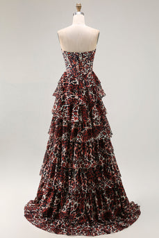 Brown Leopard Ruffled A Line Strapless Long Prom Dress