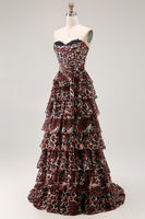 Load image into Gallery viewer, Brown Leopard Ruffled A Line Strapless Long Prom Dress