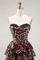 Load image into Gallery viewer, Brown Leopard Ruffled A Line Strapless Long Prom Dress
