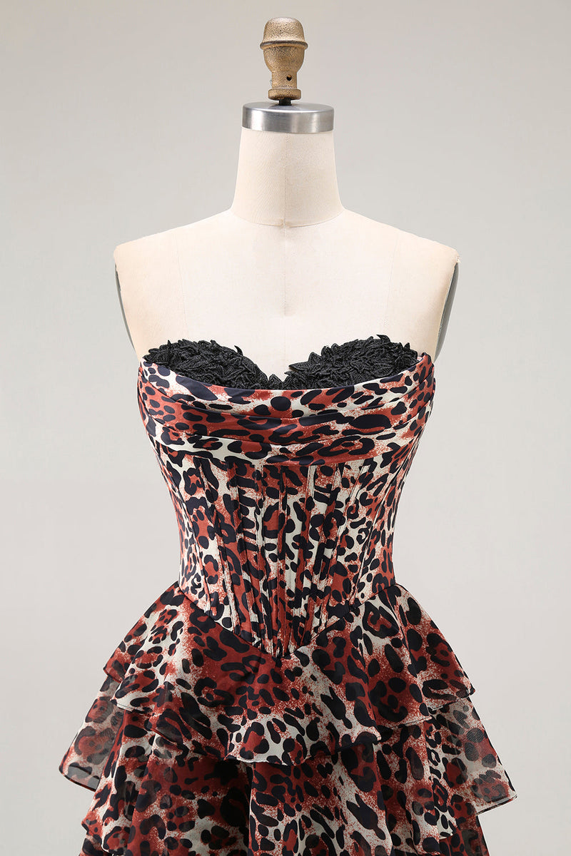 Load image into Gallery viewer, Brown Leopard Ruffled A Line Strapless Long Prom Dress