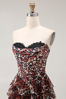 Load image into Gallery viewer, Brown Leopard Ruffled A Line Strapless Long Prom Dress