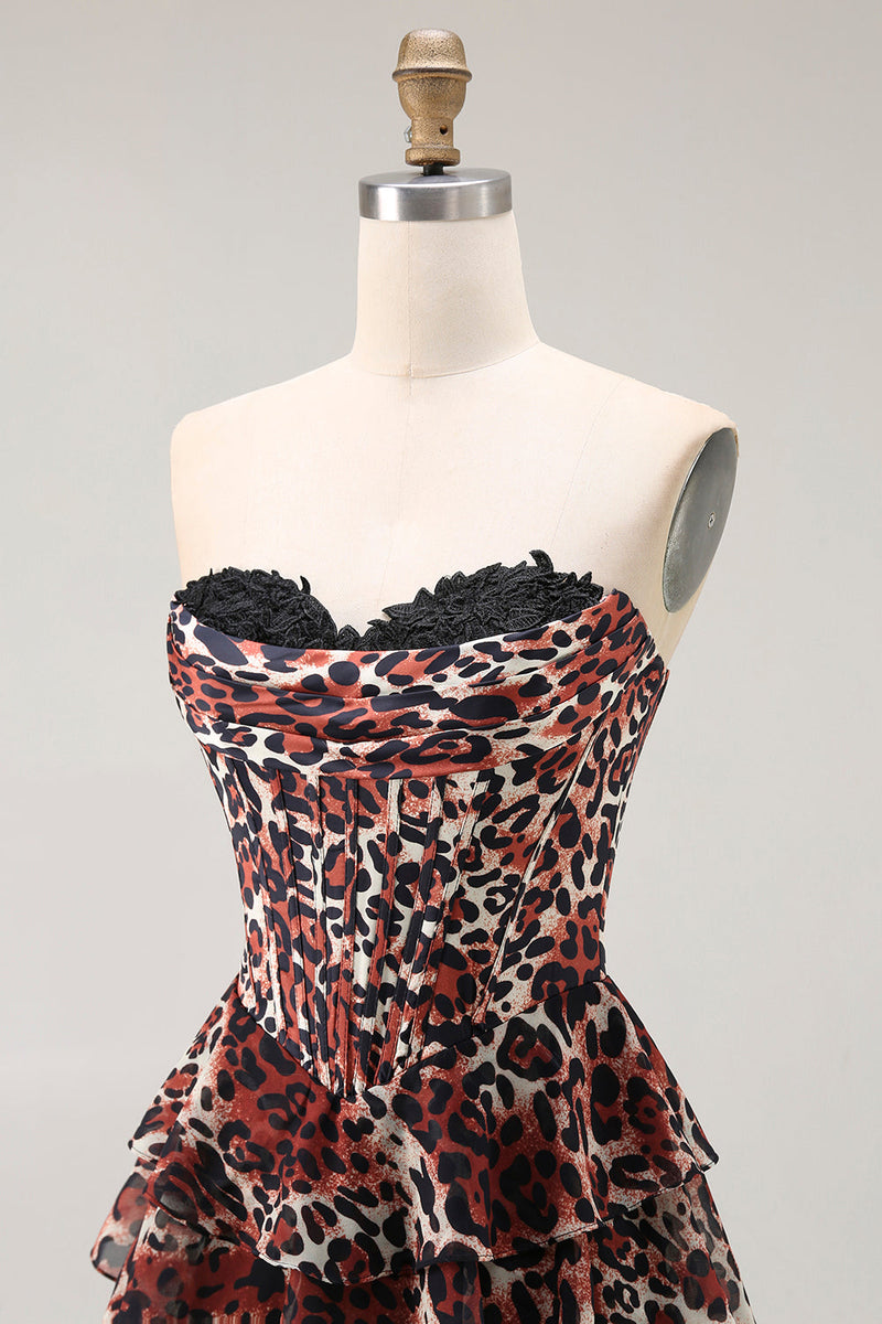 Load image into Gallery viewer, Brown Leopard Ruffled A Line Strapless Long Prom Dress