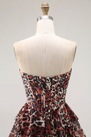 Load image into Gallery viewer, Brown Leopard Ruffled A Line Strapless Long Prom Dress