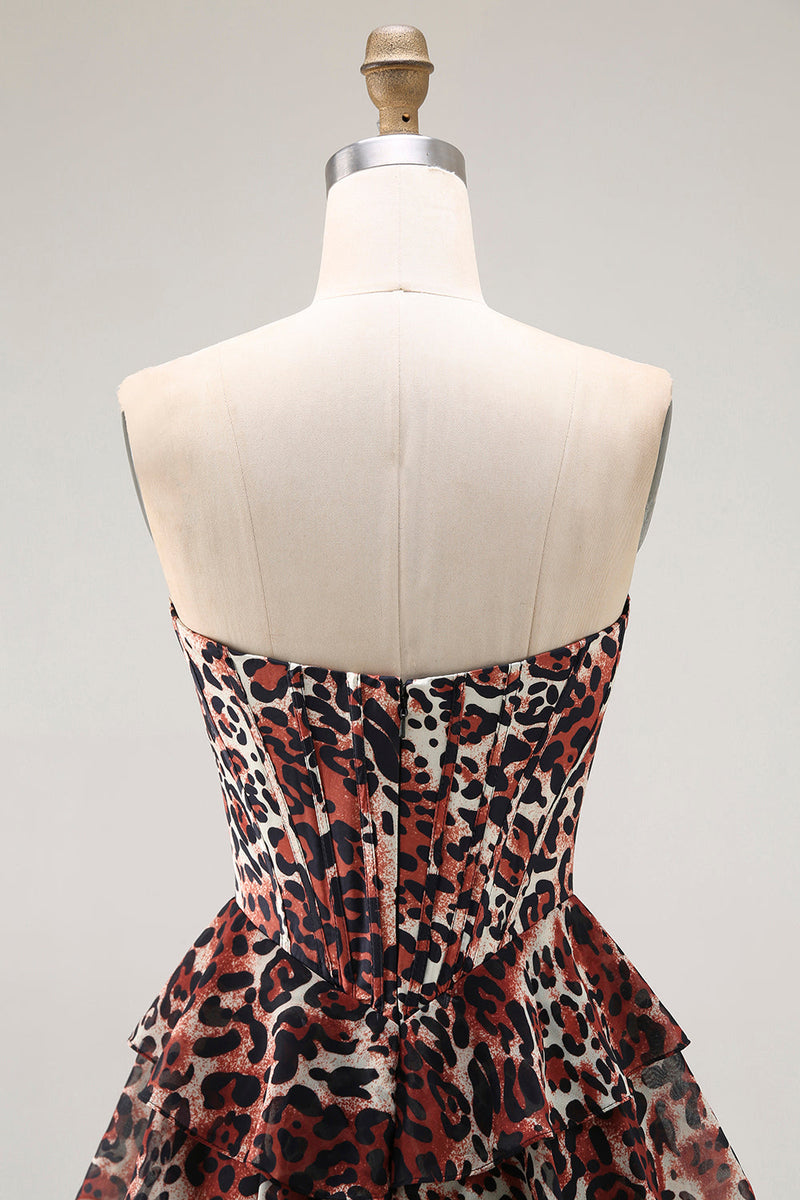 Load image into Gallery viewer, Brown Leopard Ruffled A Line Strapless Long Prom Dress