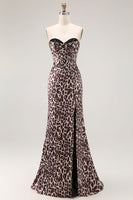Load image into Gallery viewer, Coffee Leopard Mermaid Corset Sweetheart Long Prom Dress with Slit