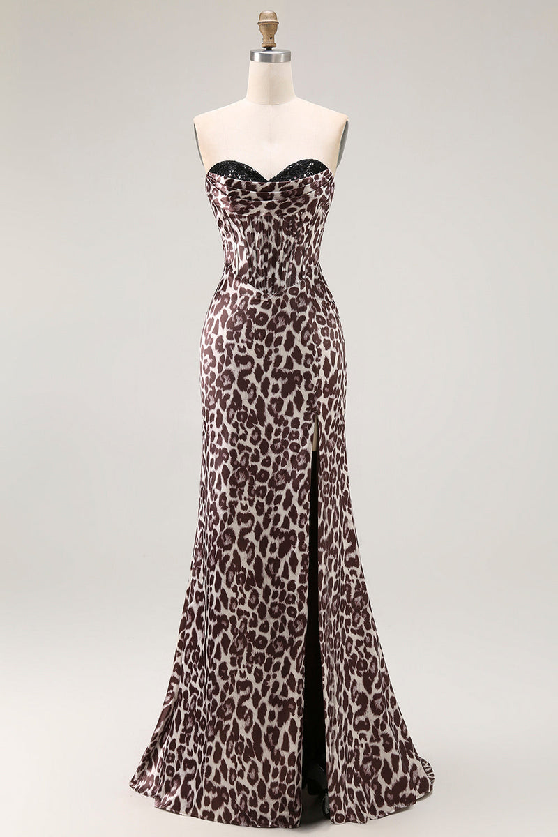 Load image into Gallery viewer, Coffee Leopard Mermaid Corset Sweetheart Long Prom Dress with Slit