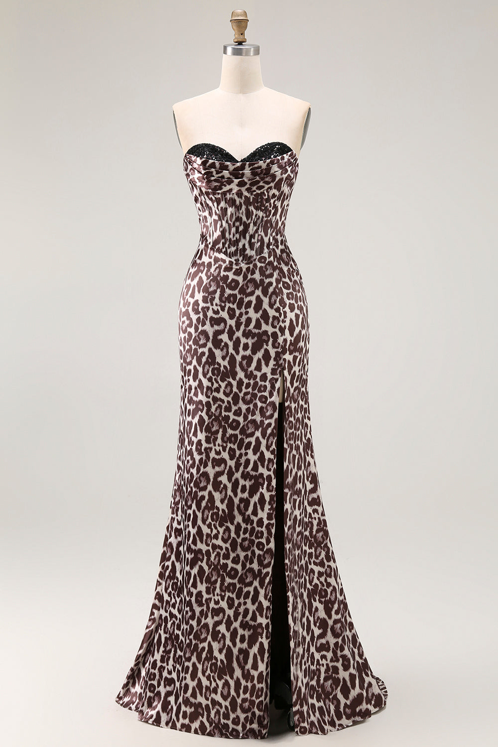 Coffee Leopard Mermaid Corset Sweetheart Long Prom Dress with Slit