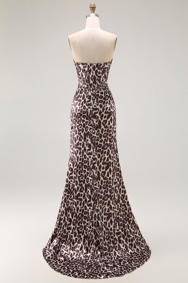 Load image into Gallery viewer, Coffee Leopard Mermaid Corset Sweetheart Long Prom Dress with Slit
