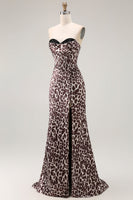 Load image into Gallery viewer, Coffee Leopard Mermaid Corset Sweetheart Long Prom Dress with Slit