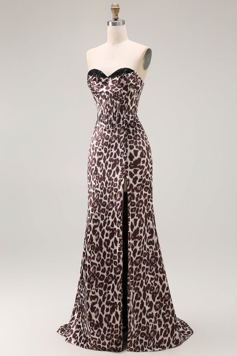 Load image into Gallery viewer, Coffee Leopard Mermaid Corset Sweetheart Long Prom Dress with Slit