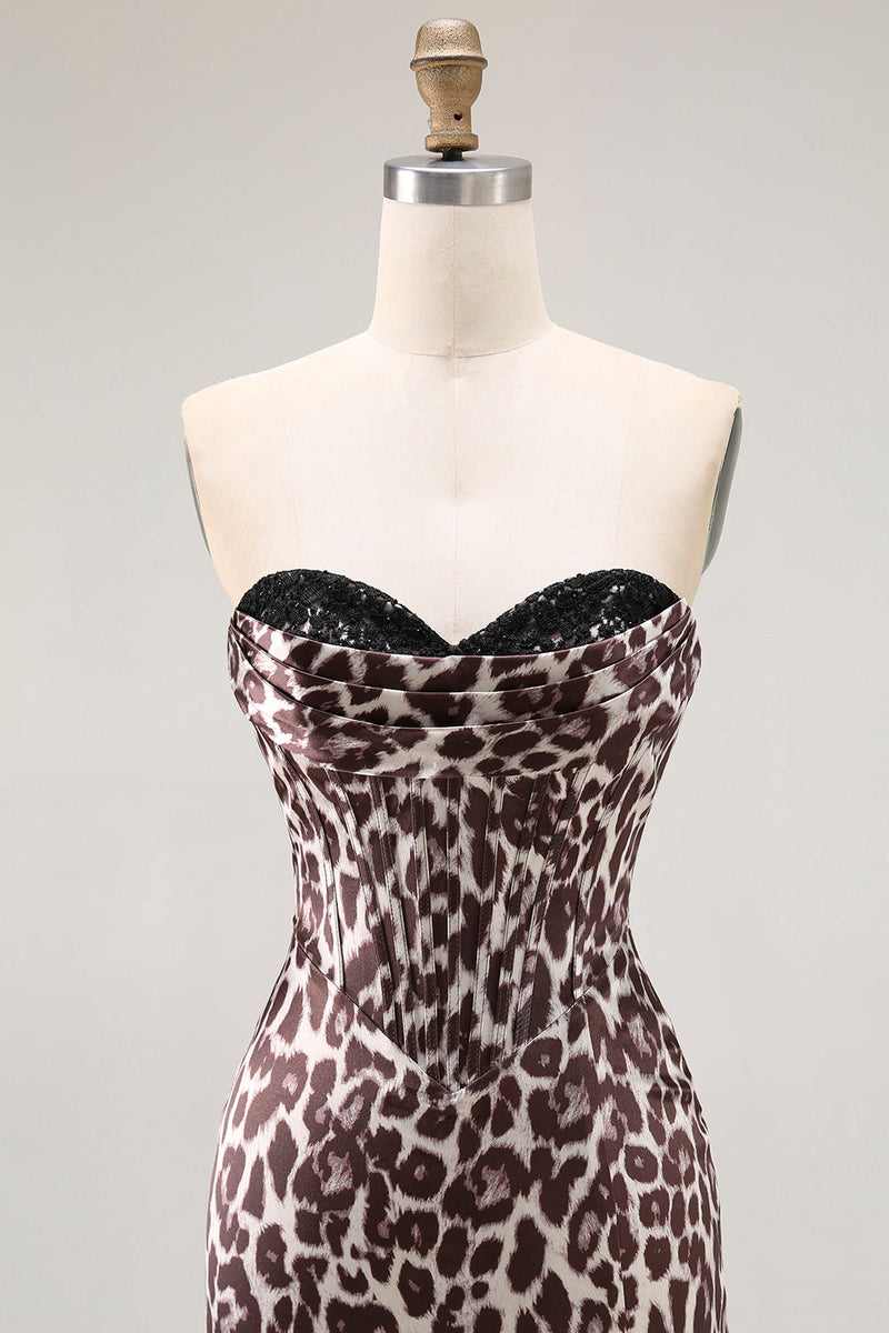 Load image into Gallery viewer, Coffee Leopard Mermaid Corset Sweetheart Long Prom Dress with Slit