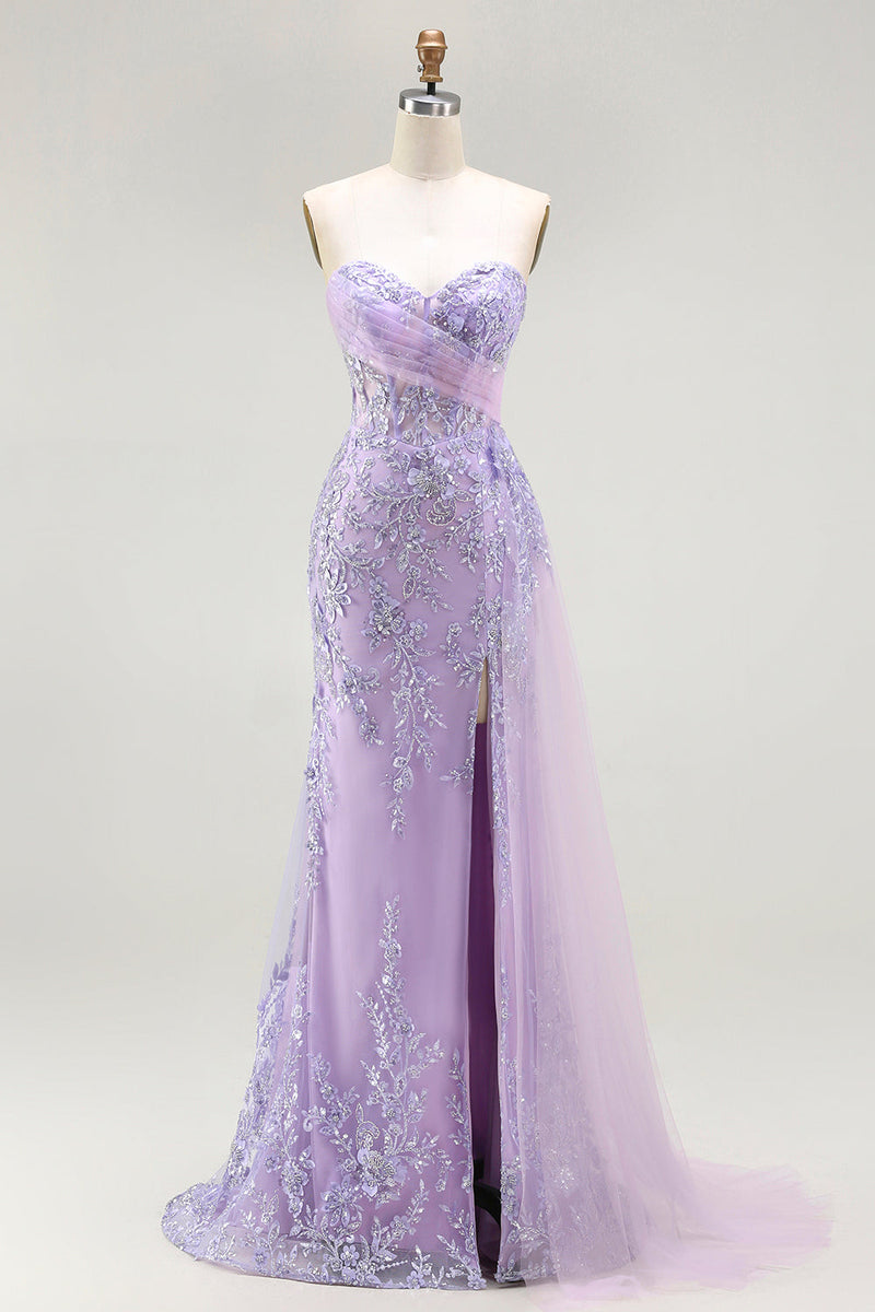 Load image into Gallery viewer, Sparkly Purple Floral Sequin Sweetheart Mermaid Long Corset Prom Dress with Slit