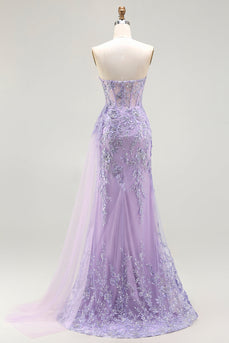 Sparkly Purple Floral Sequin Sweetheart Mermaid Long Corset Prom Dress with Slit