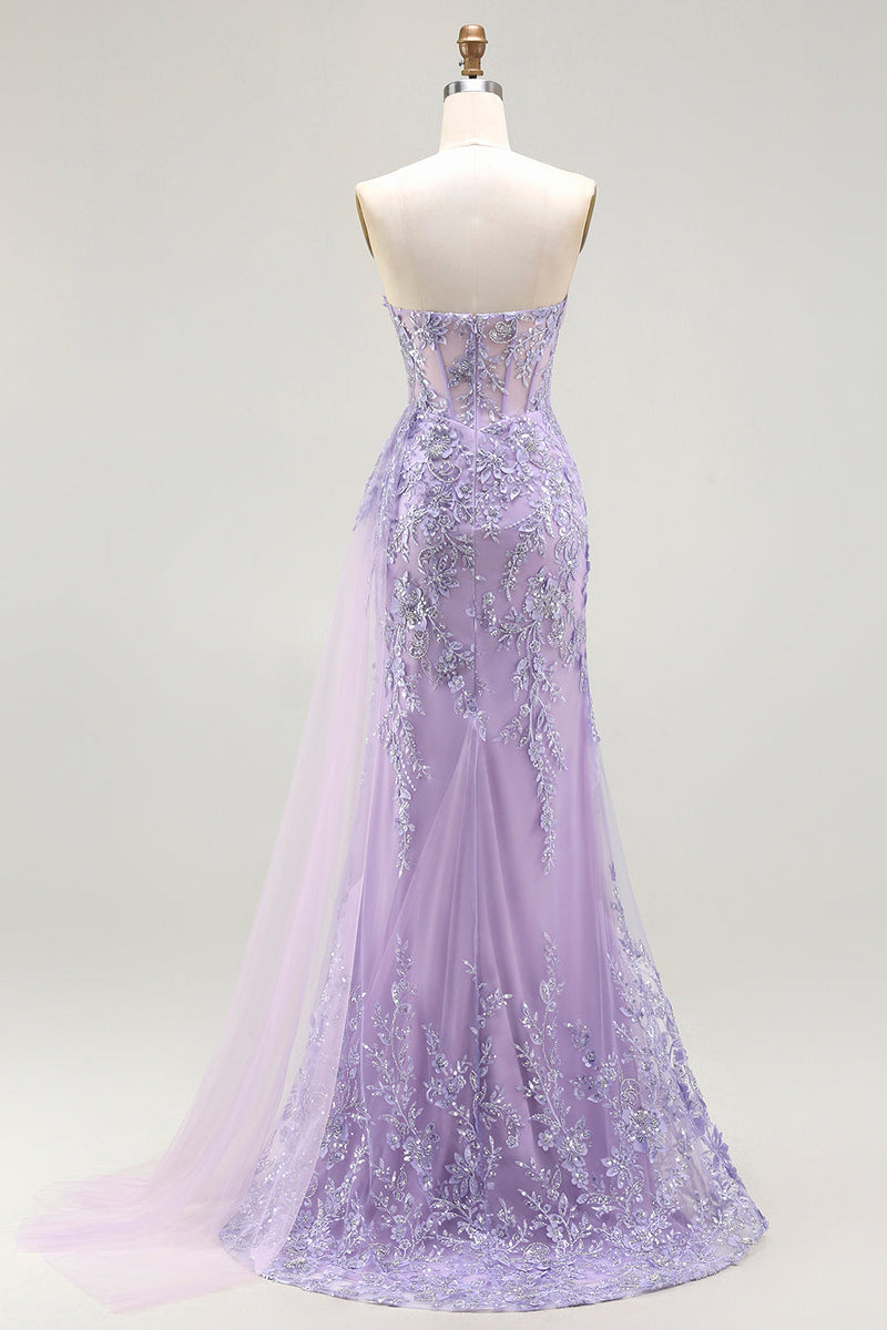 Load image into Gallery viewer, Sparkly Purple Floral Sequin Sweetheart Mermaid Long Corset Prom Dress with Slit