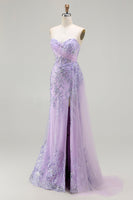 Load image into Gallery viewer, Sparkly Purple Floral Sequin Sweetheart Mermaid Long Corset Prom Dress with Slit