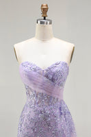 Load image into Gallery viewer, Sparkly Purple Floral Sequin Sweetheart Mermaid Long Corset Prom Dress with Slit