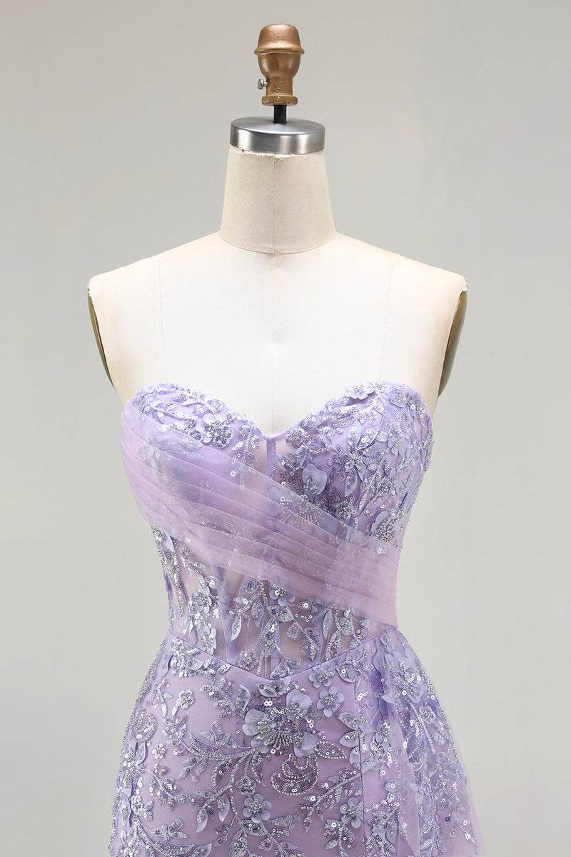 Load image into Gallery viewer, Sparkly Purple Floral Sequin Sweetheart Mermaid Long Corset Prom Dress with Slit