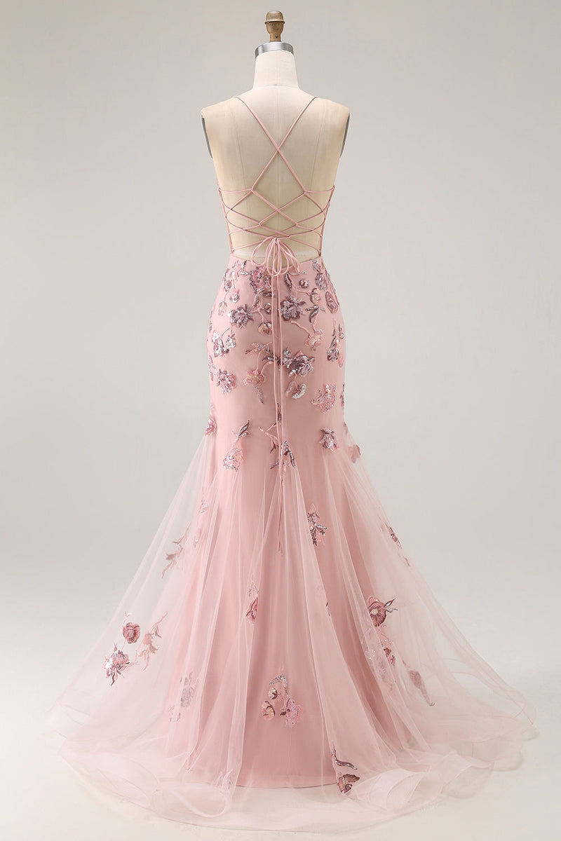Load image into Gallery viewer, Sparkly Blush Corset Floral Long Mermaid Prom Dress