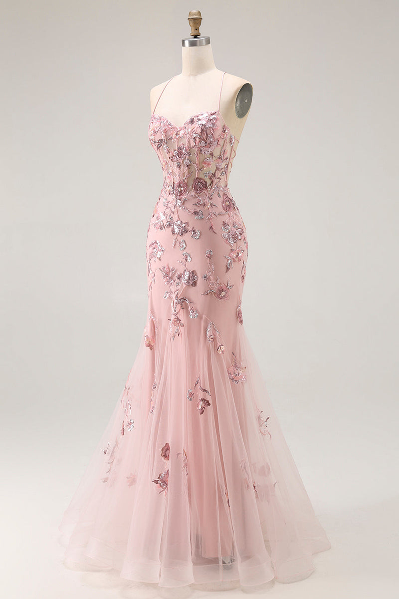 Load image into Gallery viewer, Sparkly Blush Corset Floral Long Mermaid Prom Dress