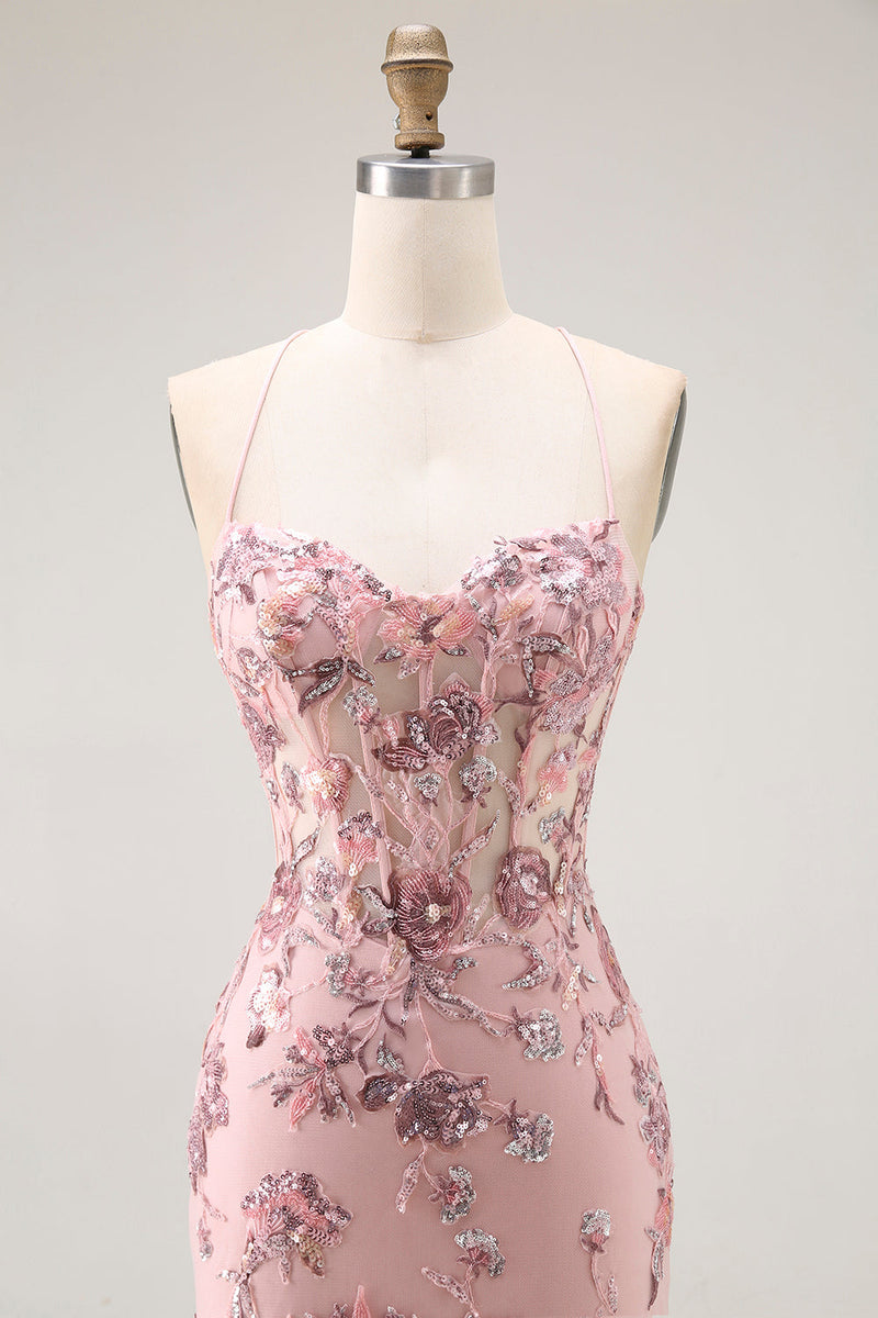 Load image into Gallery viewer, Sparkly Blush Corset Floral Long Mermaid Prom Dress