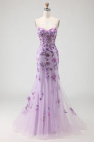 Load image into Gallery viewer, Sparkly Purple Mermaid Floral Corset Long Prom Dress