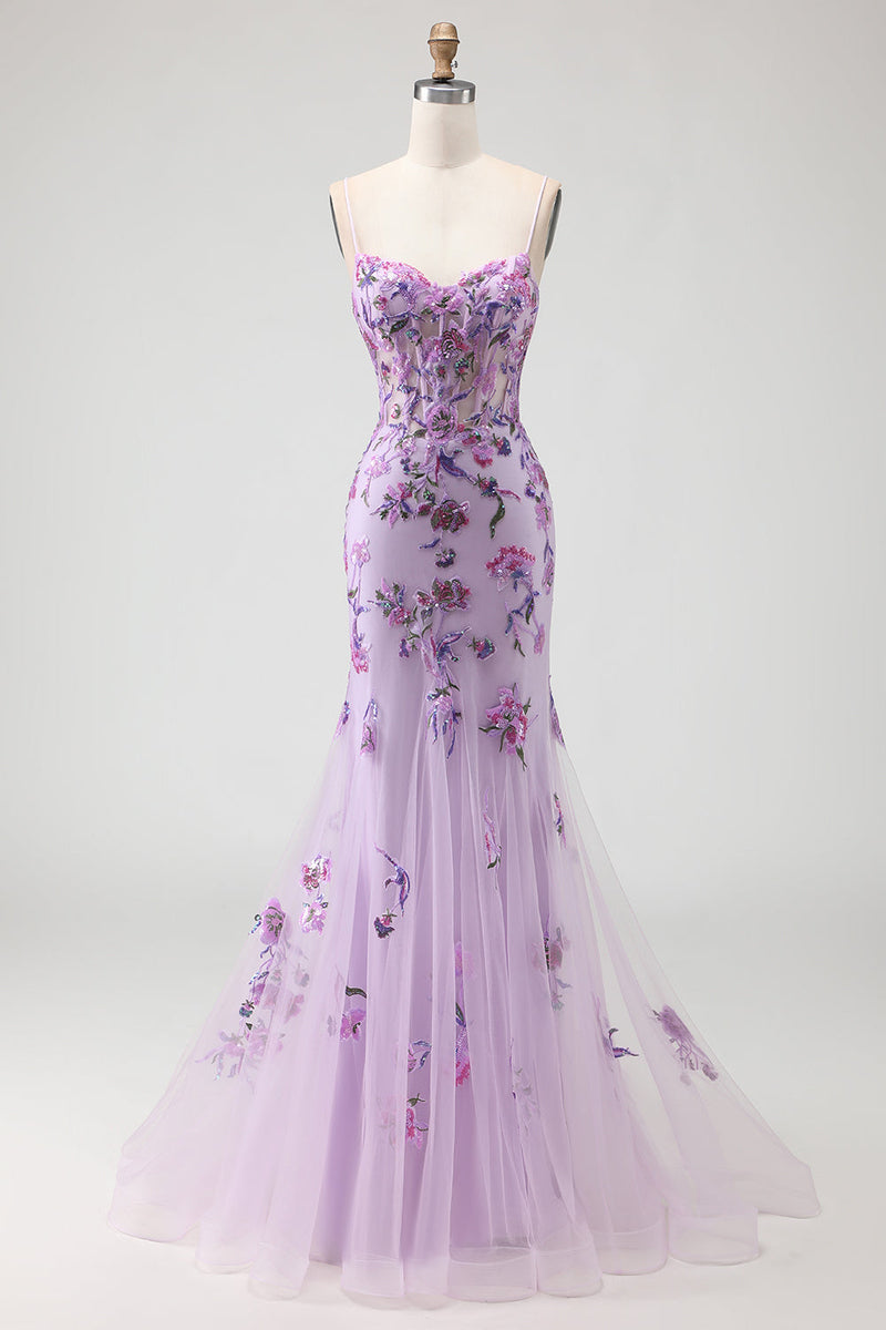 Load image into Gallery viewer, Sparkly Purple Mermaid Floral Corset Long Prom Dress