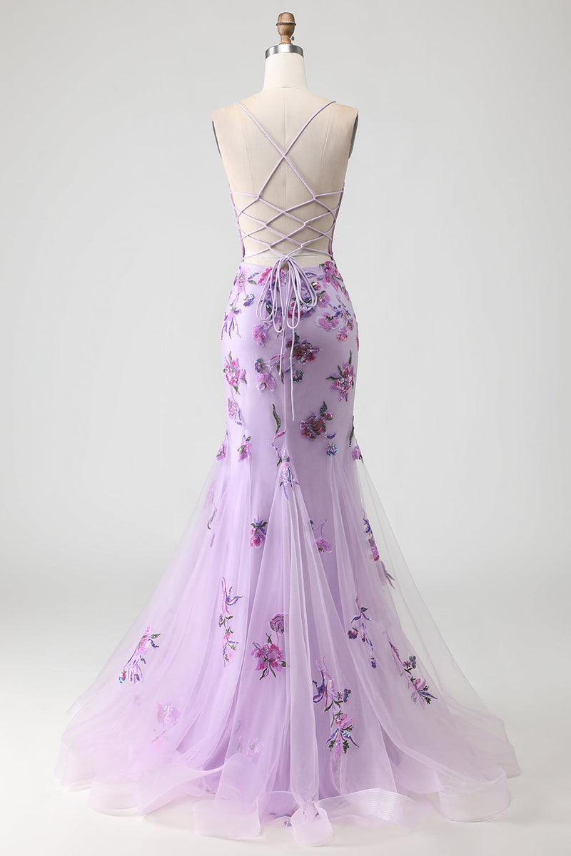 Load image into Gallery viewer, Sparkly Purple Mermaid Floral Corset Long Prom Dress