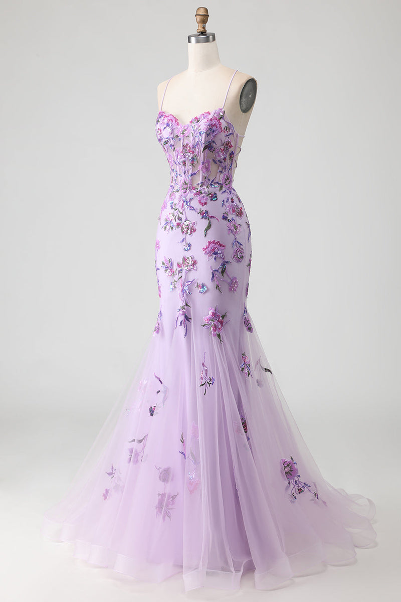 Load image into Gallery viewer, Sparkly Purple Mermaid Floral Corset Long Prom Dress