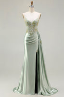 Load image into Gallery viewer, Sparkly Floral Green Appliqued Corset Long Mermaid Prom Dress