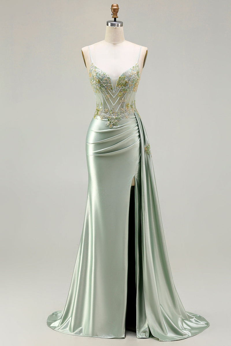Load image into Gallery viewer, Sparkly Floral Green Appliqued Corset Long Mermaid Prom Dress