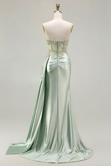 Sparkly Floral Green Appliqued Corset Long Mermaid Prom Dress
