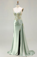 Load image into Gallery viewer, Sparkly Floral Green Appliqued Corset Long Mermaid Prom Dress