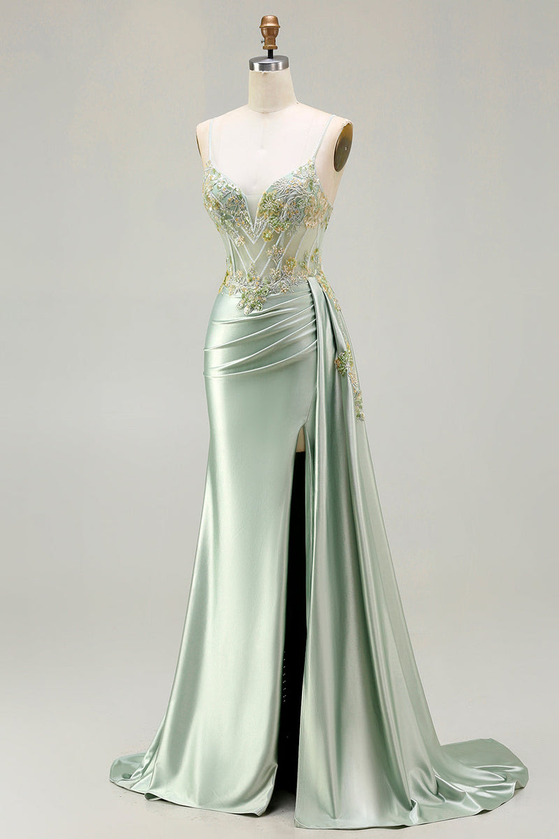Load image into Gallery viewer, Sparkly Floral Green Appliqued Corset Long Mermaid Prom Dress
