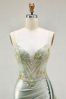 Load image into Gallery viewer, Sparkly Floral Green Appliqued Corset Long Mermaid Prom Dress