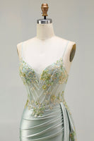 Load image into Gallery viewer, Sparkly Floral Green Appliqued Corset Long Mermaid Prom Dress