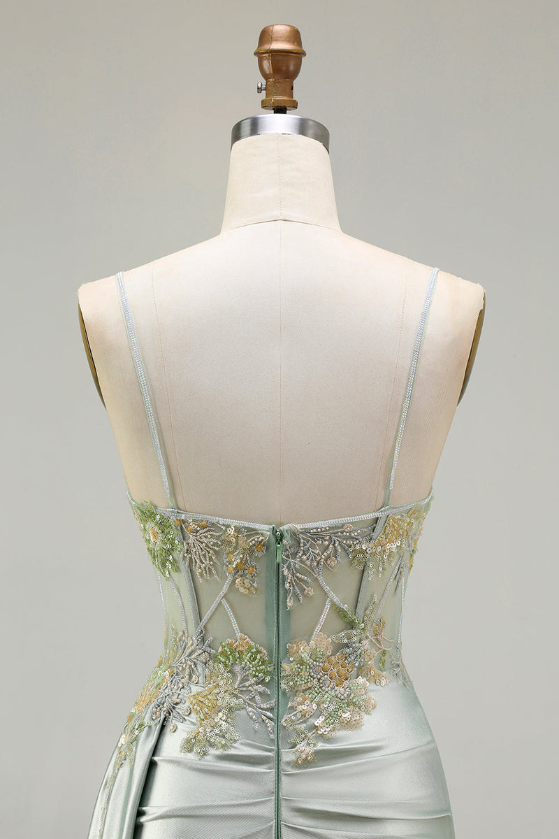 Load image into Gallery viewer, Sparkly Floral Green Appliqued Corset Long Mermaid Prom Dress