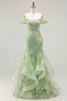 Load image into Gallery viewer, Sparkly Floral Green Mermaid Ruffled Corset Long Prom Dress