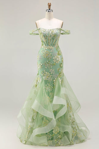 Sparkly Floral Green Mermaid Ruffled Corset Long Prom Dress