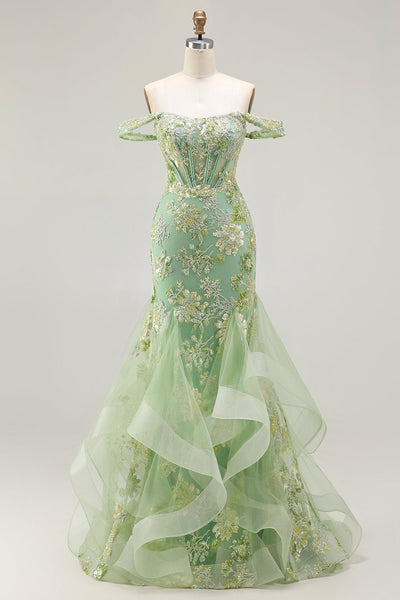 Sparkly Floral Green Mermaid Ruffled Corset Long Prom Dress