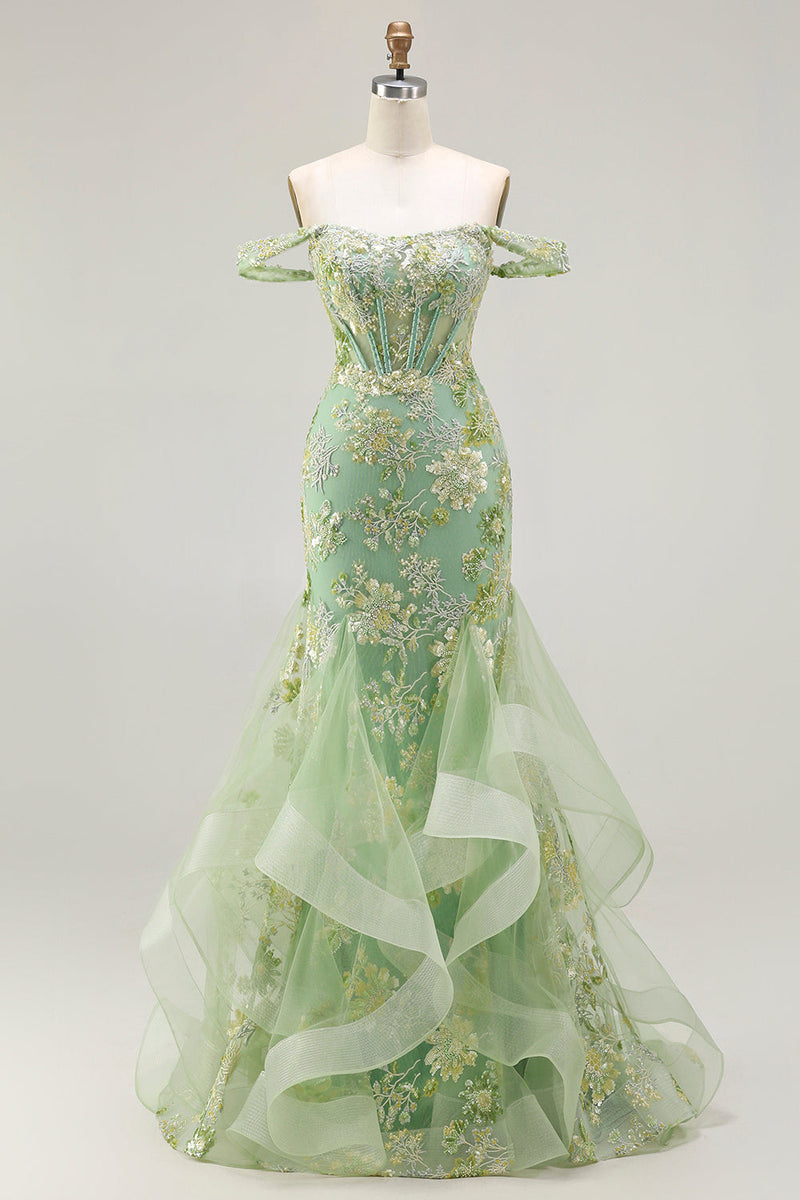 Load image into Gallery viewer, Sparkly Floral Green Mermaid Ruffled Corset Long Prom Dress