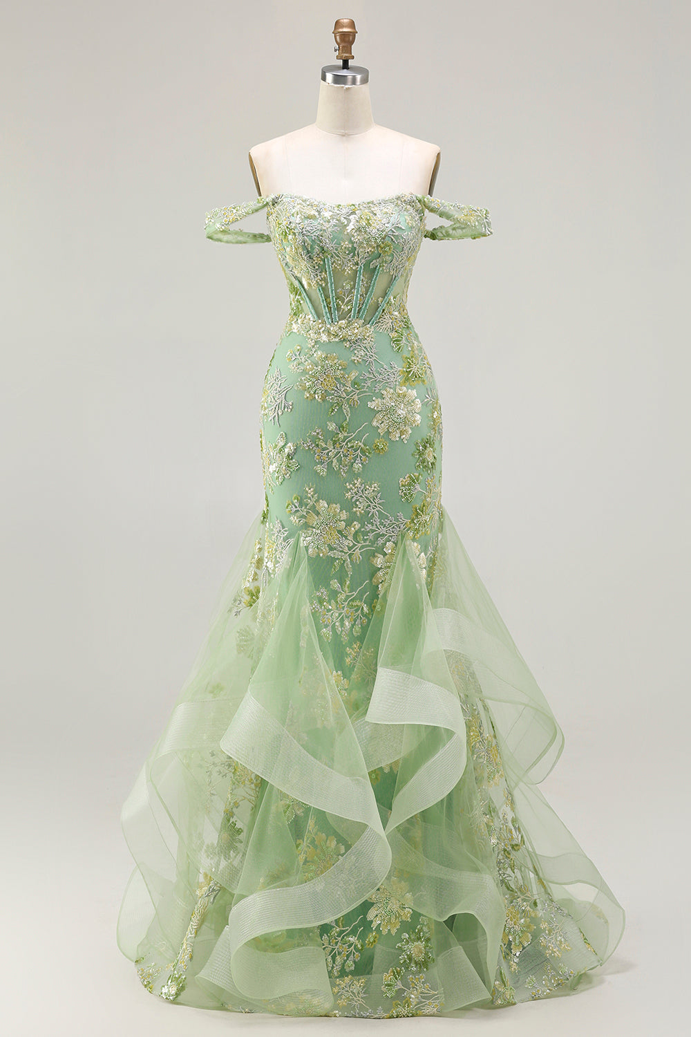 Sparkly Floral Green Mermaid Ruffled Corset Long Prom Dress