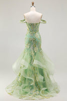 Load image into Gallery viewer, Sparkly Floral Green Mermaid Ruffled Corset Long Prom Dress