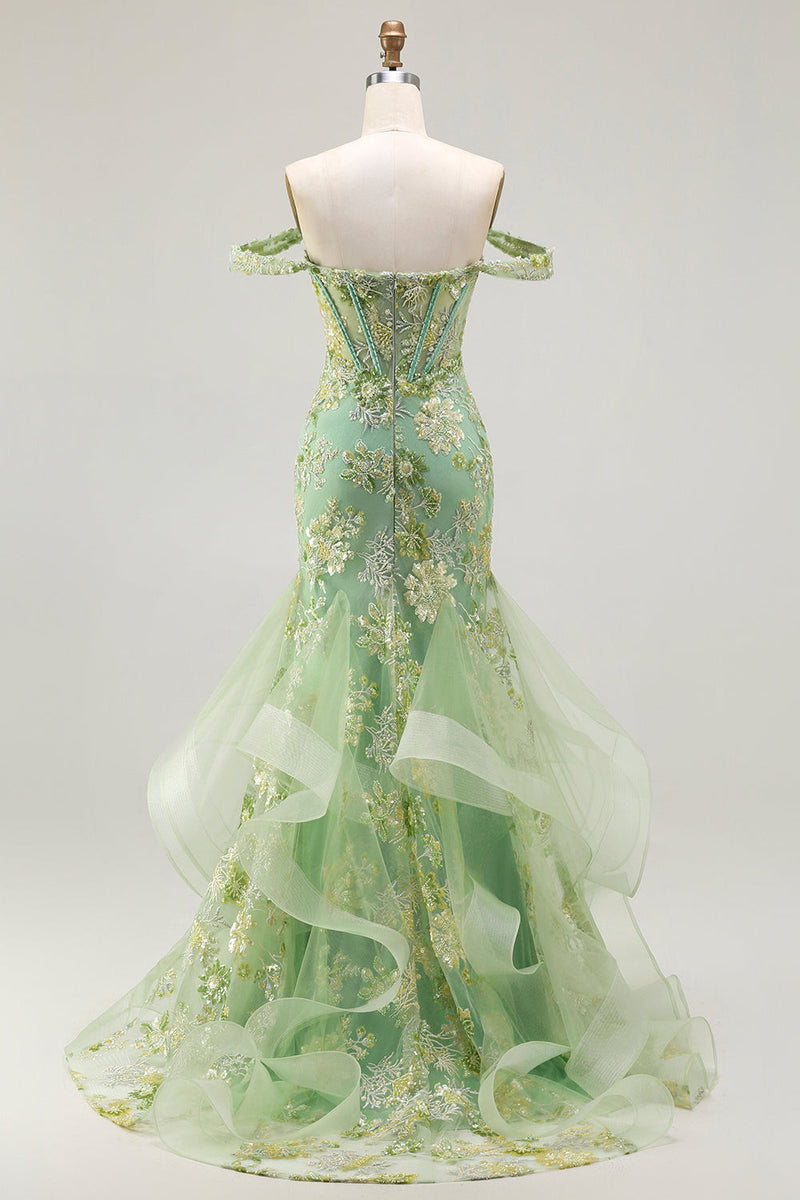 Load image into Gallery viewer, Sparkly Floral Green Mermaid Ruffled Corset Long Prom Dress