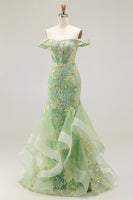 Load image into Gallery viewer, Sparkly Floral Green Mermaid Ruffled Corset Long Prom Dress
