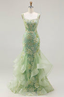 Load image into Gallery viewer, Sparkly Floral Green Mermaid Ruffled Corset Long Prom Dress