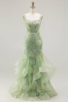 Sparkly Floral Green Mermaid Ruffled Corset Long Prom Dress
